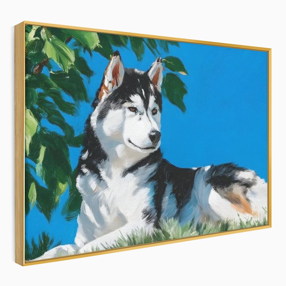 Tablou canvas cu tablou canvas cu husky sub copac, in rama de aluminiu auriu